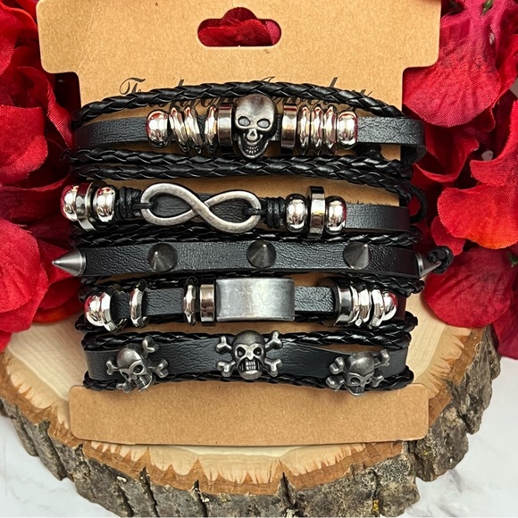 5 Pcs Set Punk Rock Infinity Skull Braided Leather Rope Bracelets - Picture 9 of 14
